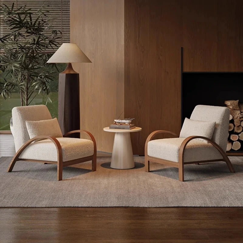 Yori Curved Wood Lounge Chair, pair of beige chairs