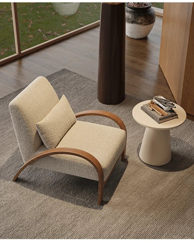 Yori Curved Wood Lounge Chair, beige upholstery and curved frame