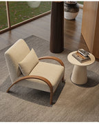 Yori Curved Wood Lounge Chair, beige upholstery and curved frame