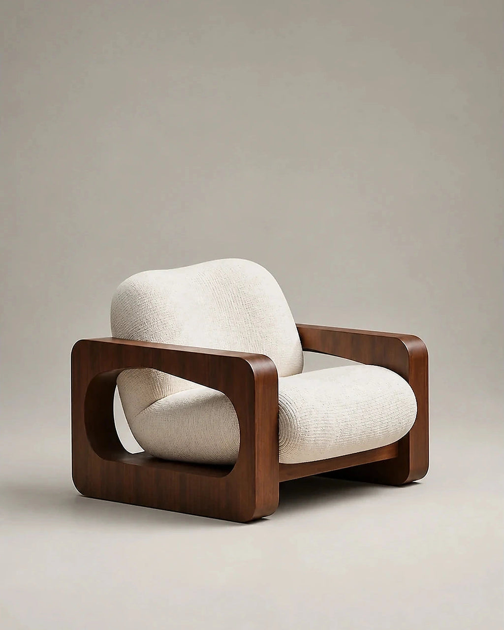 Aki curved wood lounge chair in a warm neutral Kadori studio
