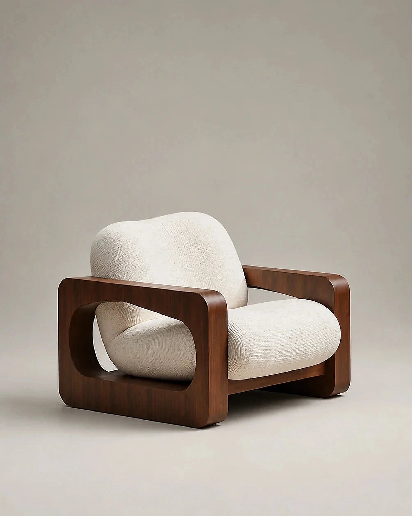 Aki curved wood lounge chair in a warm neutral Kadori studio