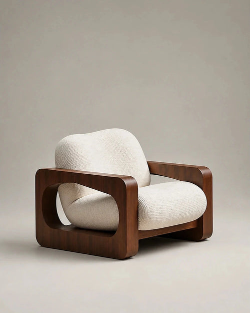 Aki curved wood lounge chair in a warm neutral Kadori studio