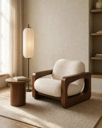 Aki lounge chair in a calm Japandi reading corner