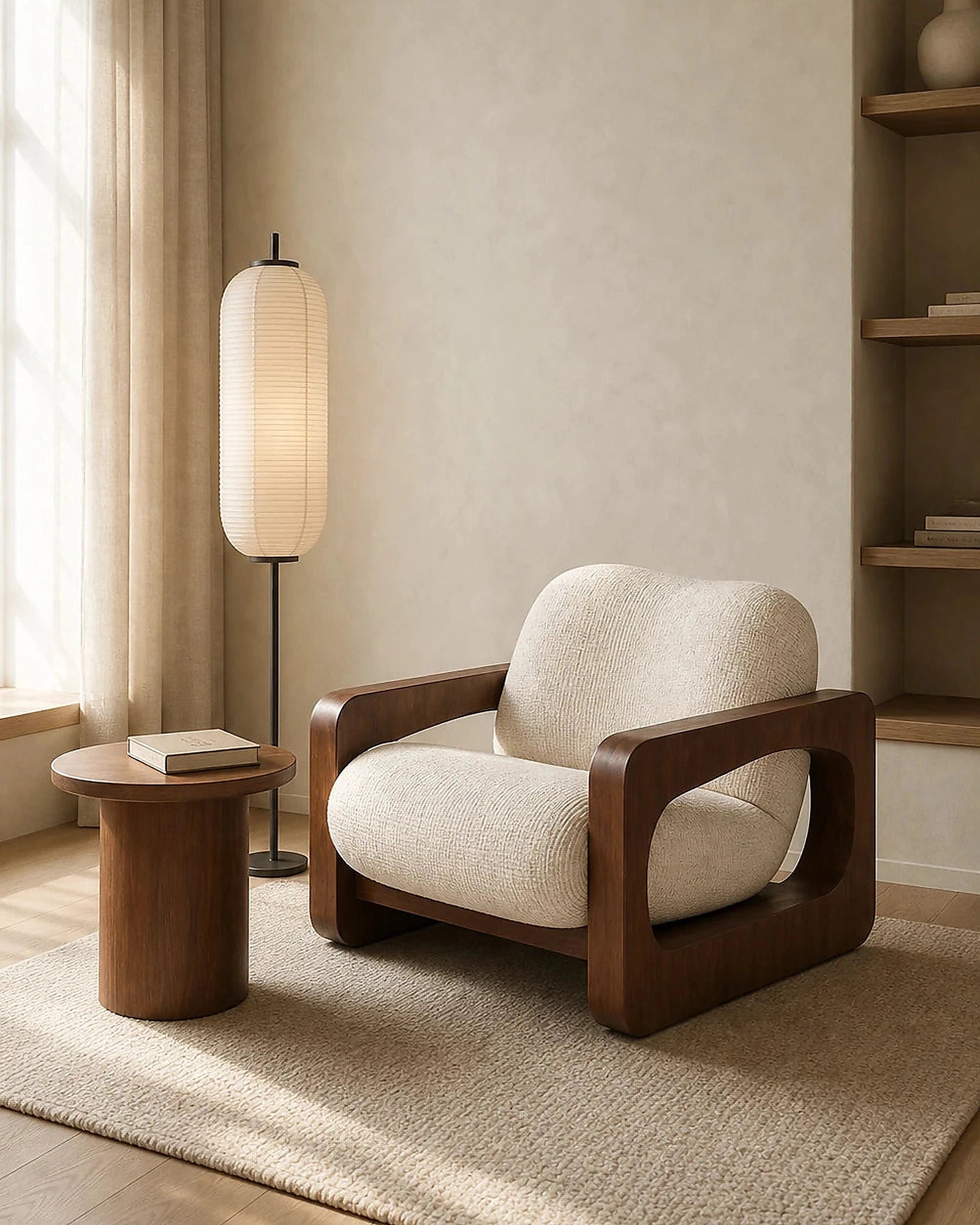 Aki lounge chair in a calm Japandi reading corner