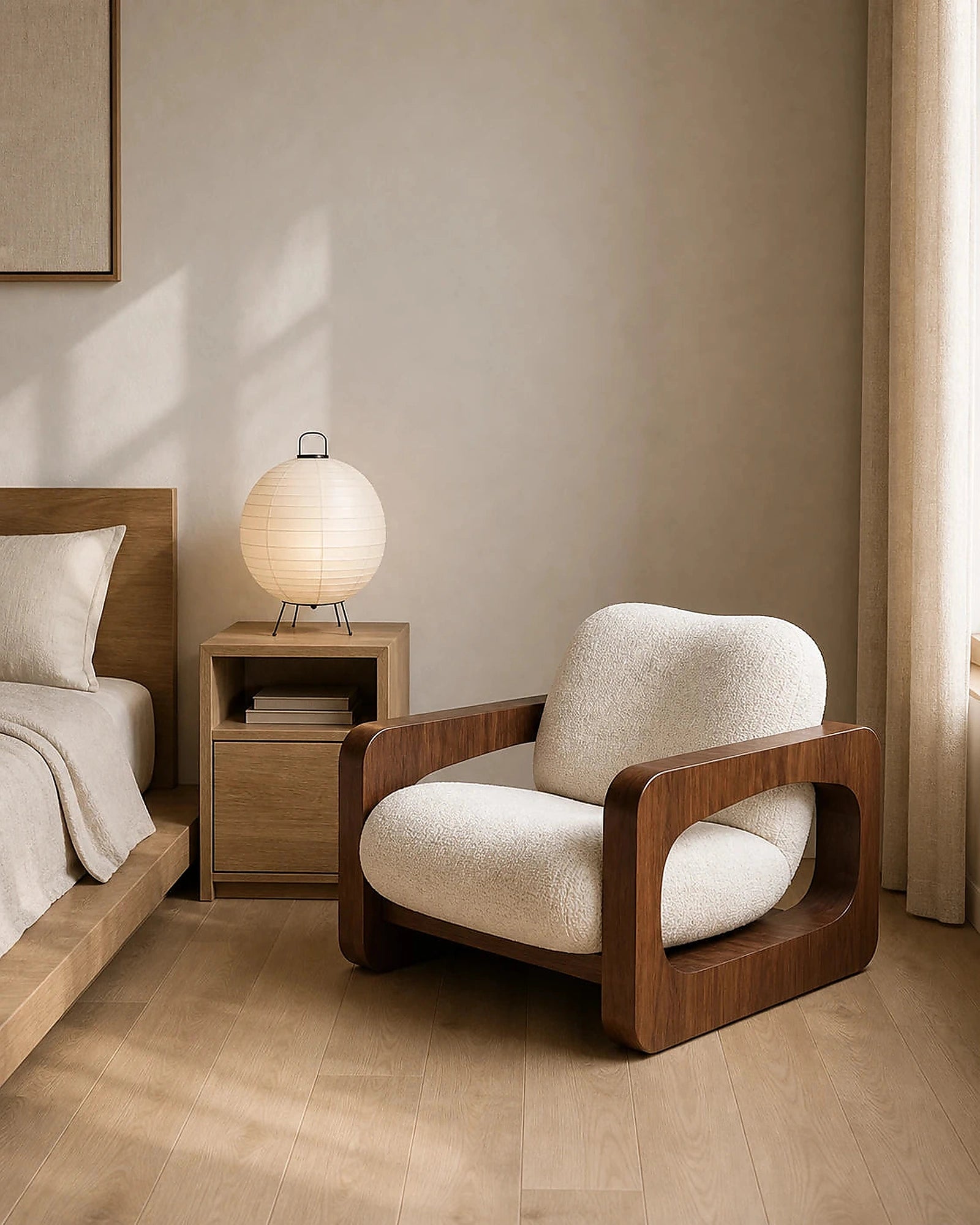 Aki lounge chair beside a low platform bed