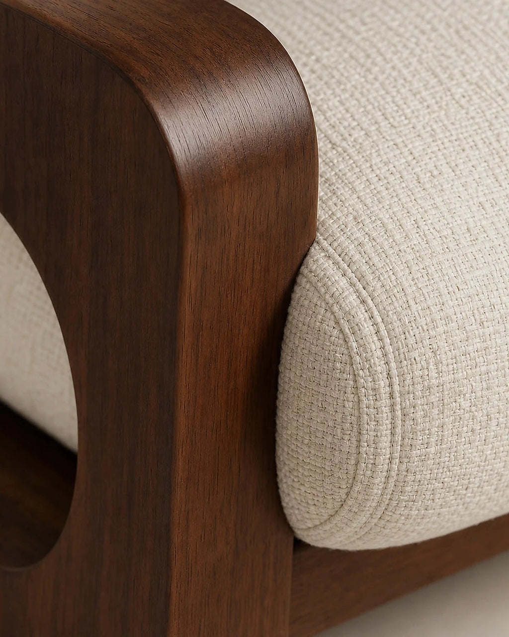 Aki chair cream upholstery and walnut frame detail