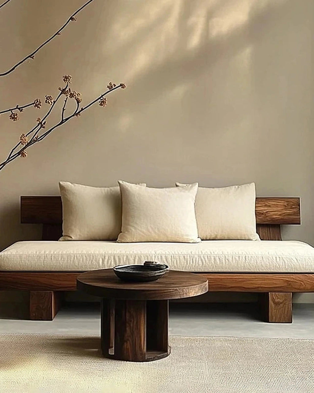 Asa Timber Platform Sofa, loose back cushions and timber rail