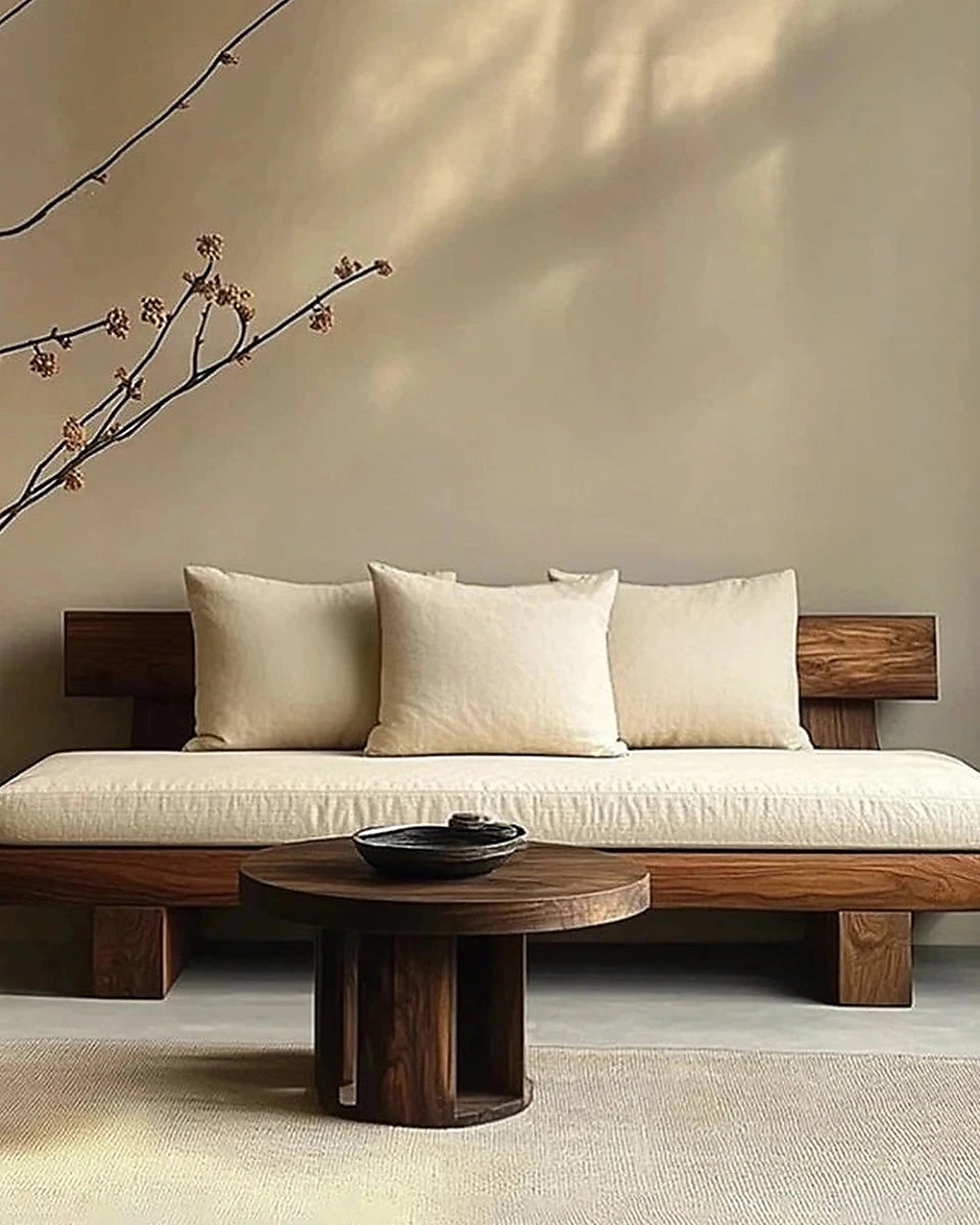 Asa Timber Platform Sofa, loose back cushions and timber rail