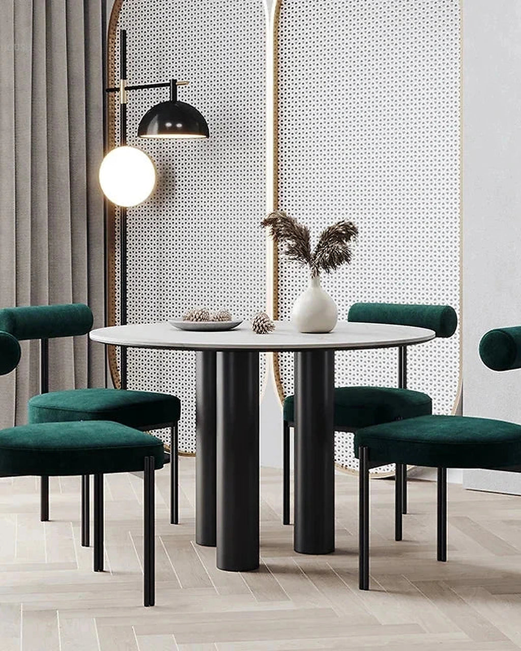 Emi Three-Leg Dining Chair, green chairs around a dining table