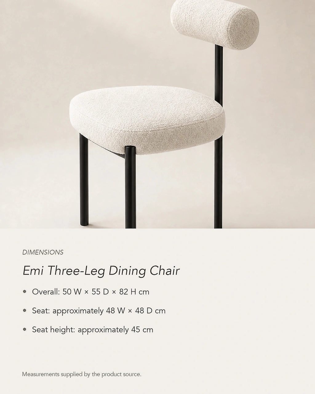 Emi Three-Leg Dining Chair, dimensions in centimetres