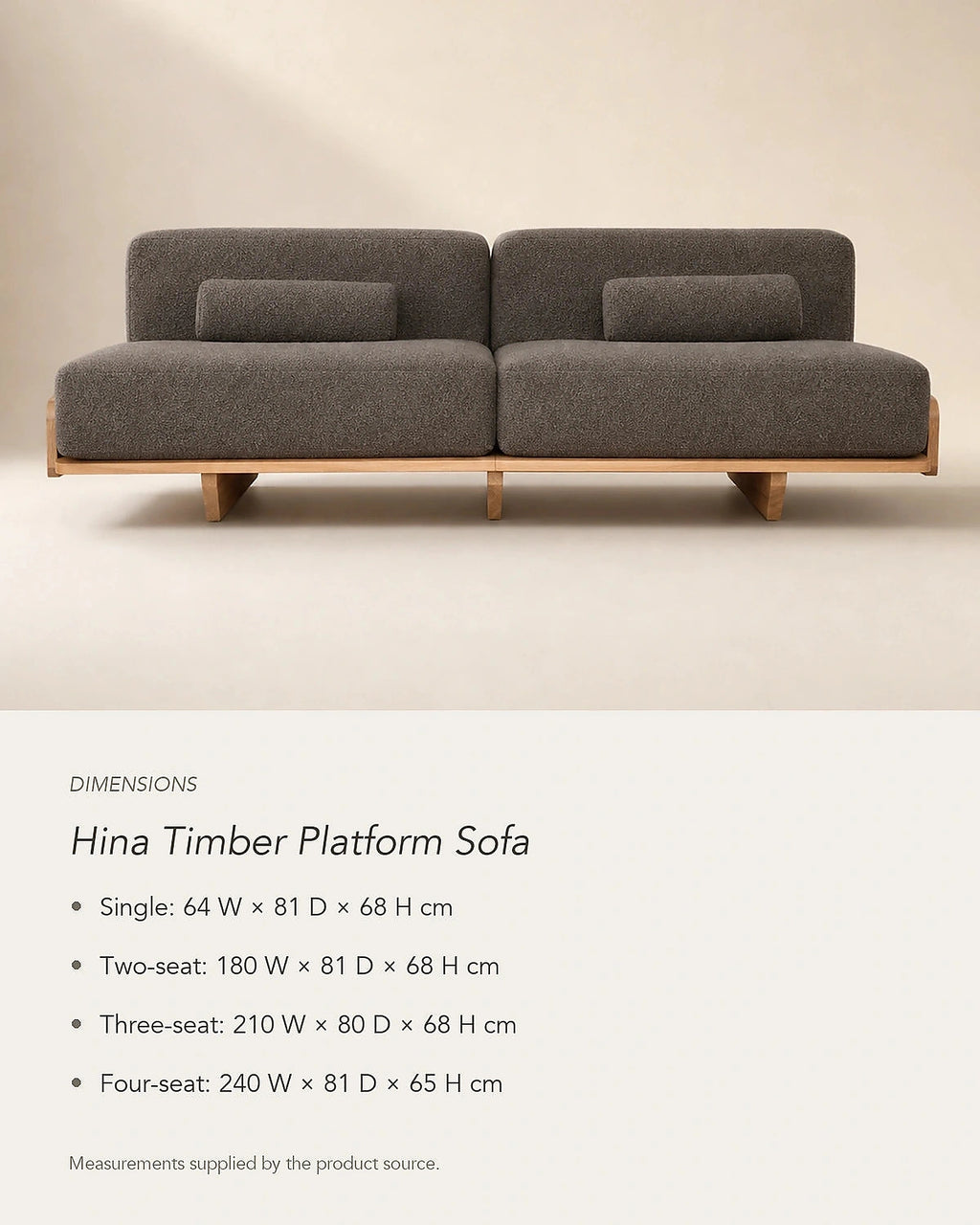 Hina Timber Platform Sofa dimensions card