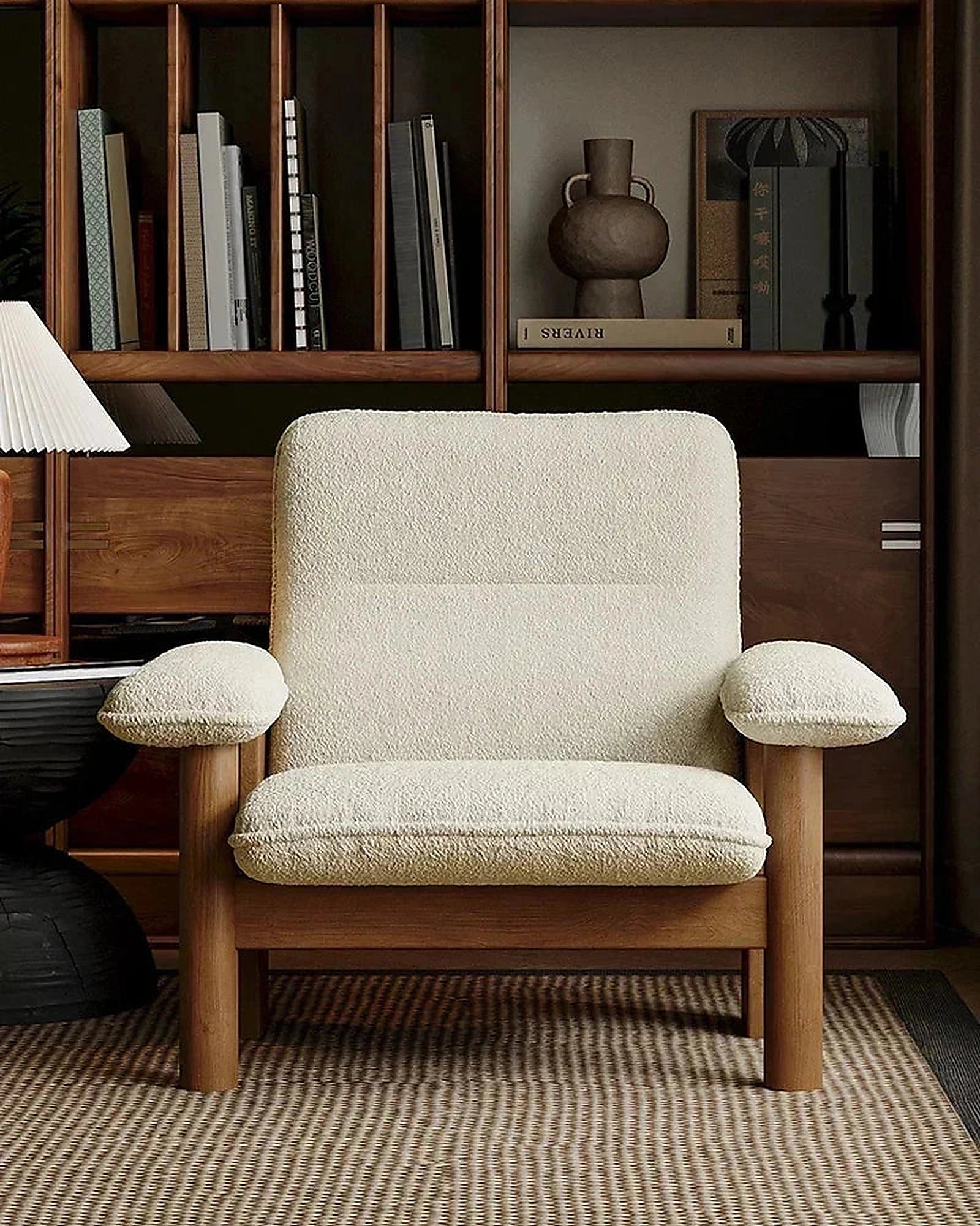 Kei Wood-Frame Lounge Chair, cream chair, close front view