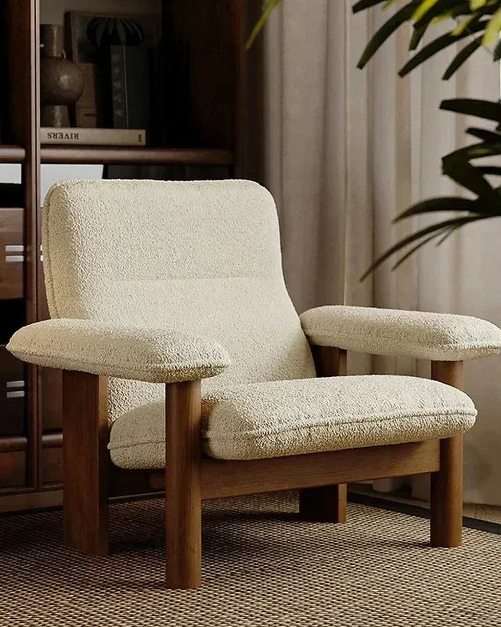 Kei Wood-Frame Lounge Chair, cream seat and floating arm detail
