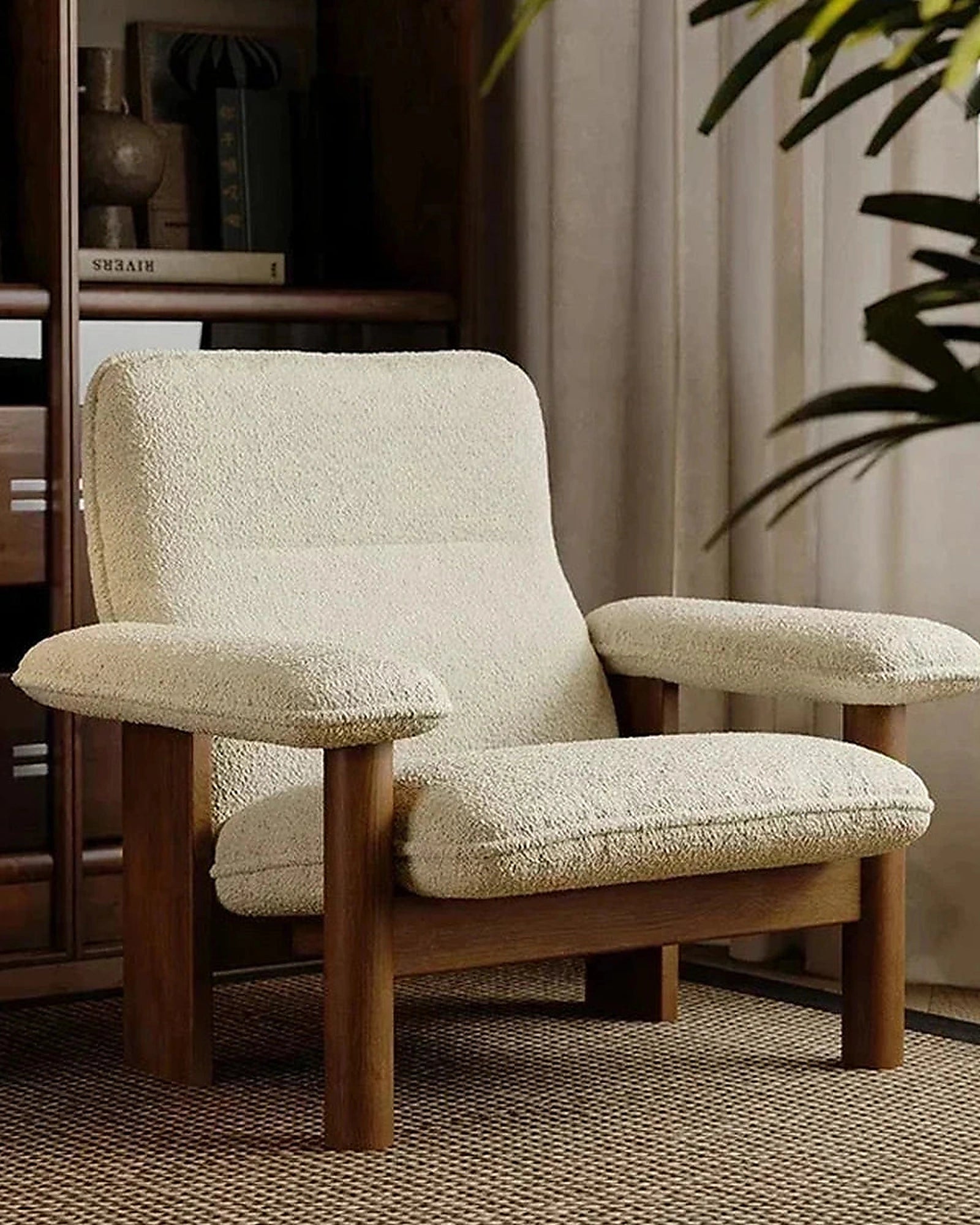Kei Wood-Frame Lounge Chair, cream seat and floating arm detail