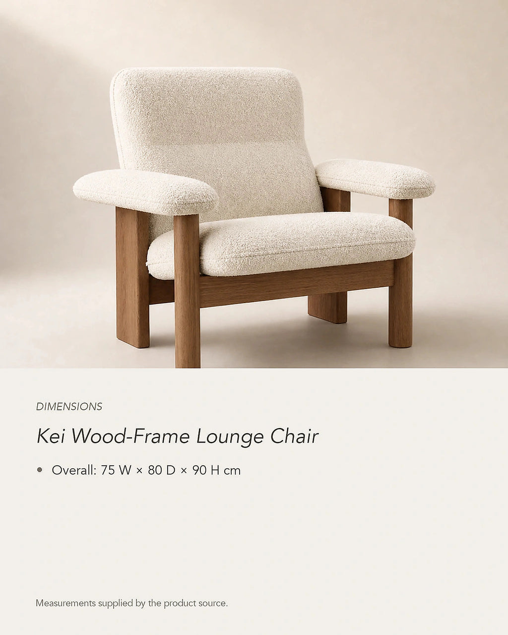 Kei Wood-Frame Lounge Chair, dimensions in centimetres