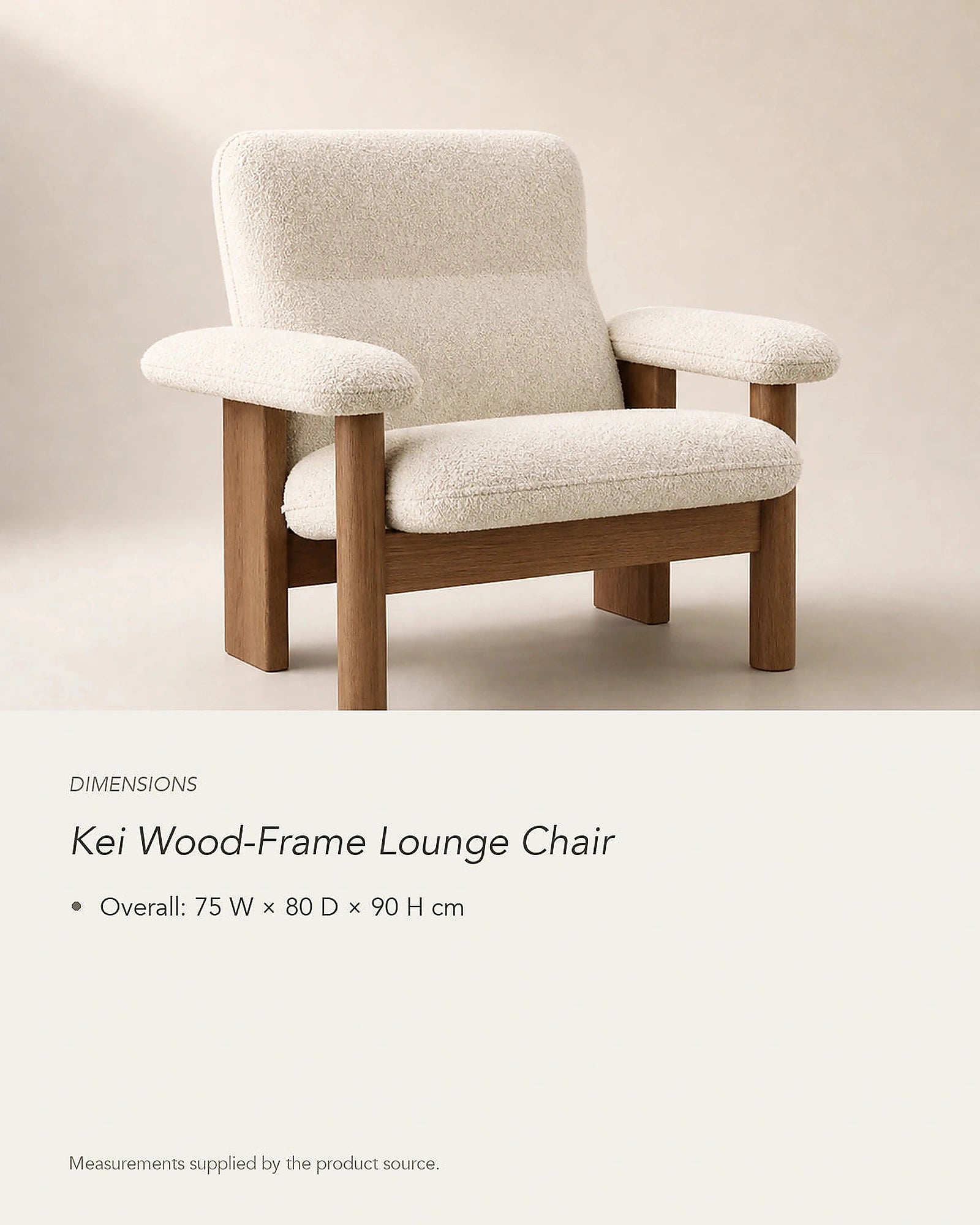 Kei Wood-Frame Lounge Chair, dimensions in centimetres