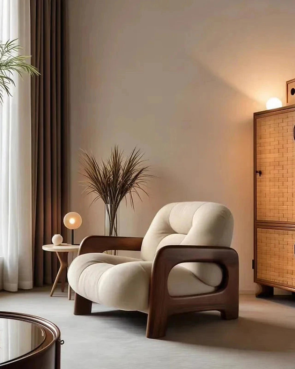 Kumo Wood-Frame Lounge Chair, chair in a warm interior