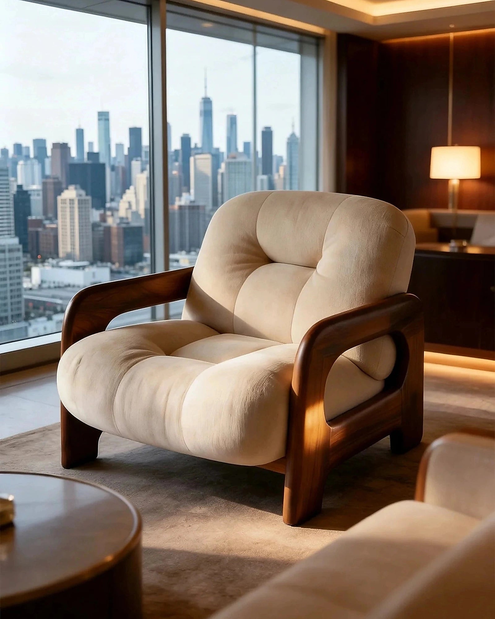 Kumo Wood-Frame Lounge Chair, chair in a city apartment