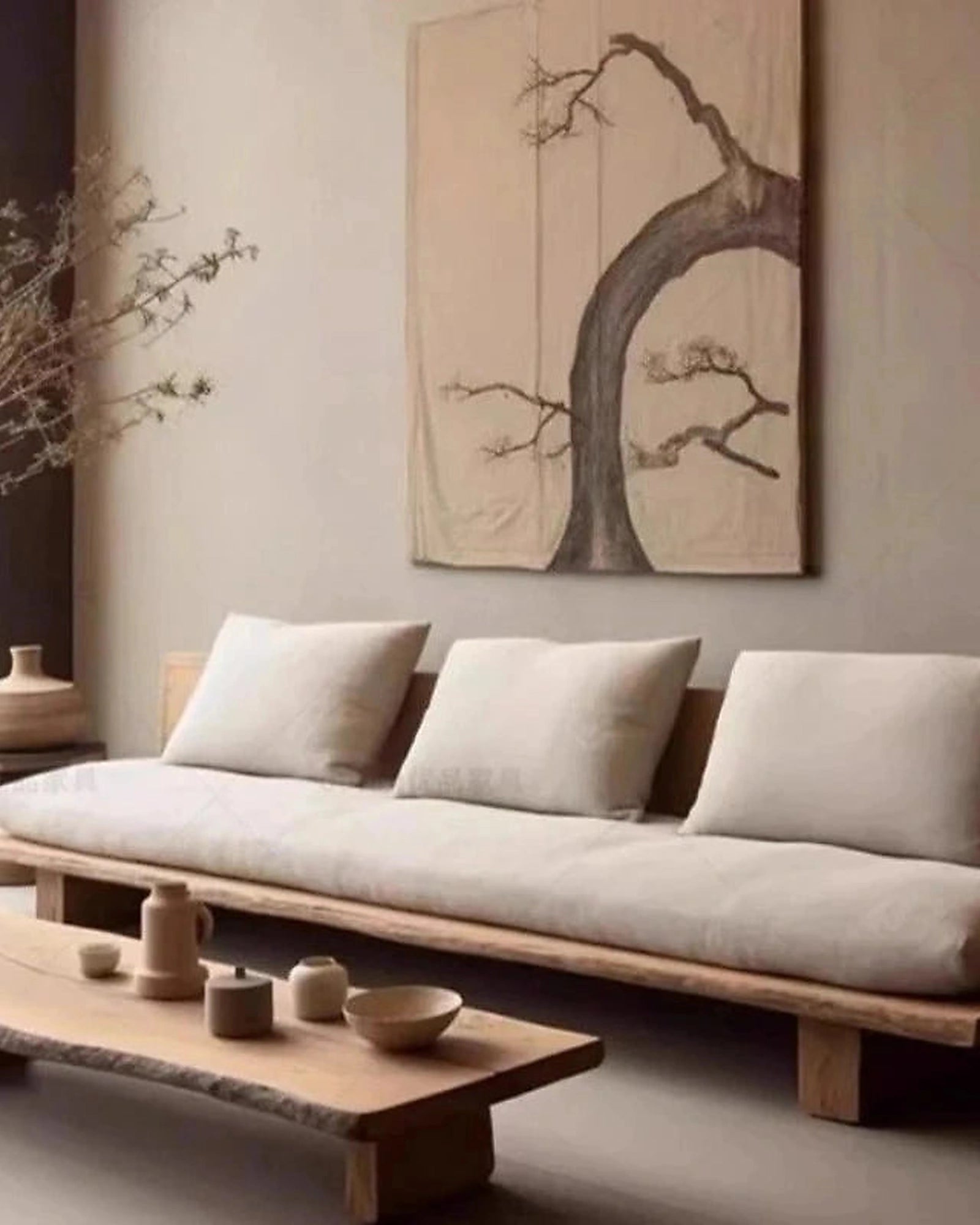 Maki Low Platform Sofa, styled low-profile sofa