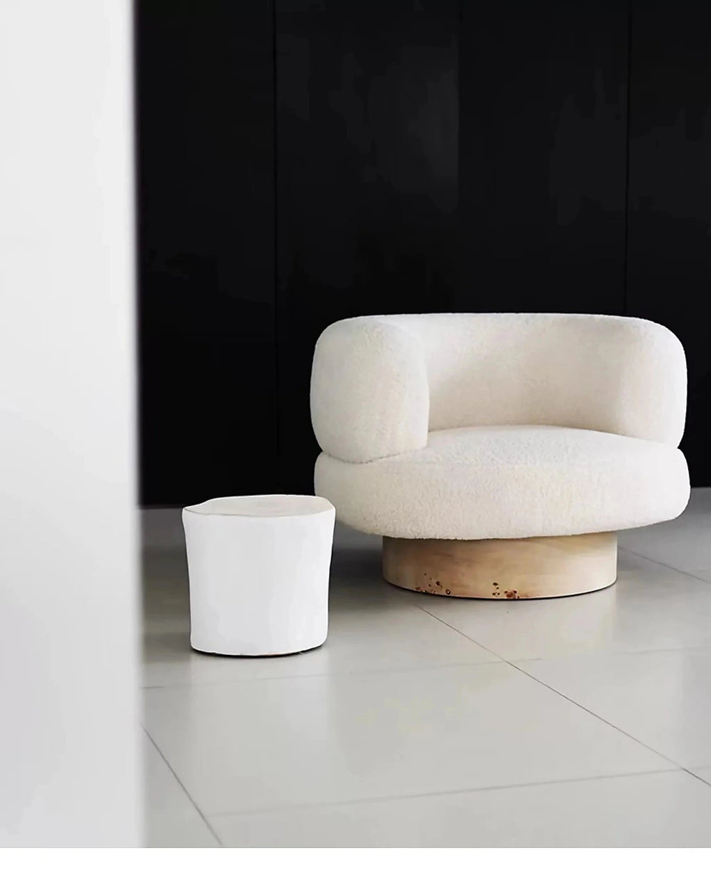 Mizu Swivel Lounge Chair, rice white in a minimal interior