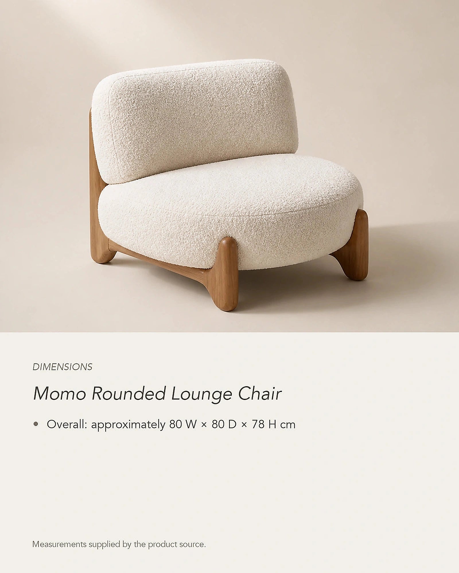 Momo Rounded Lounge Chair, dimensions in centimetres