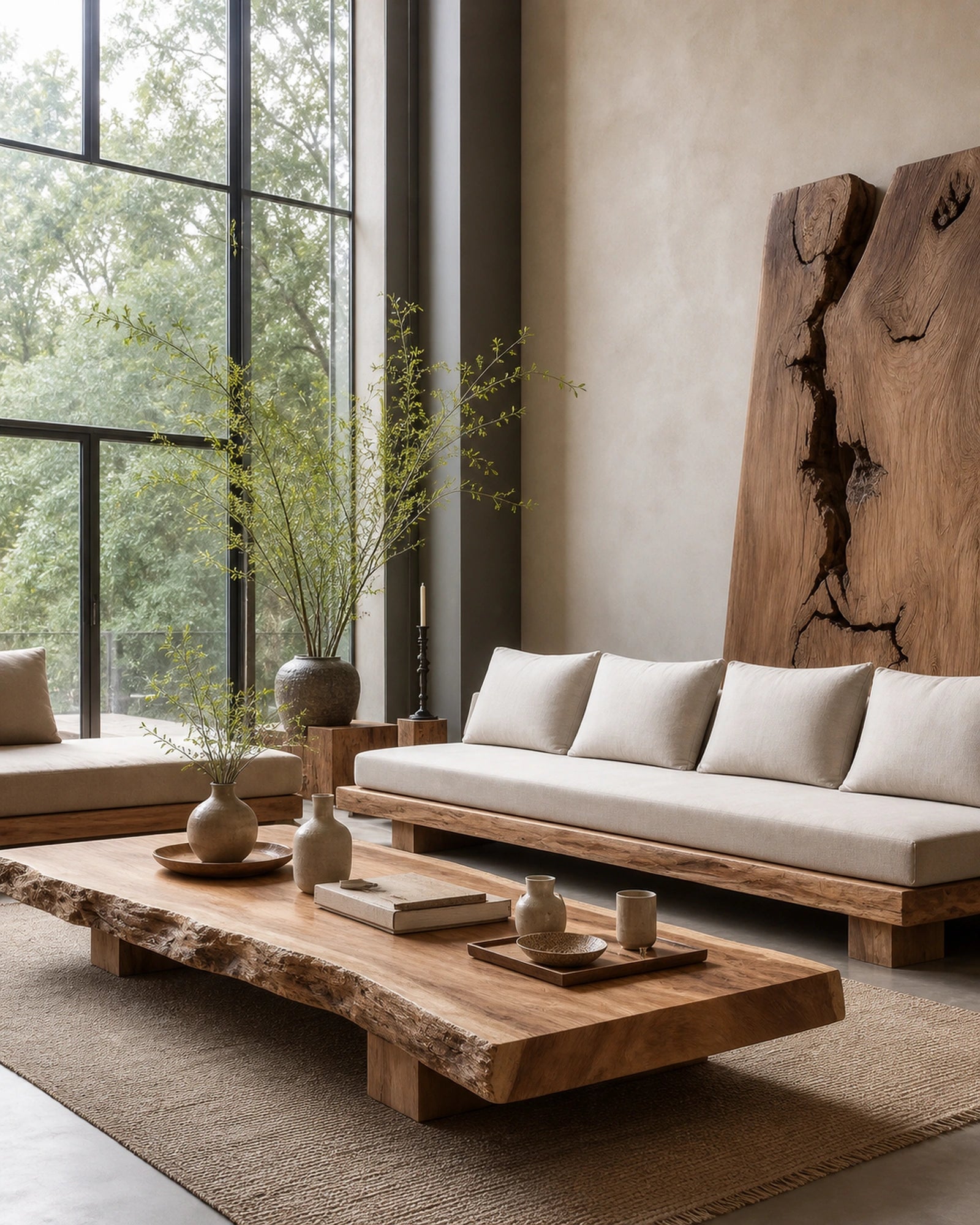 Mori solid-wood sofa and coffee table collection in Japandi living room