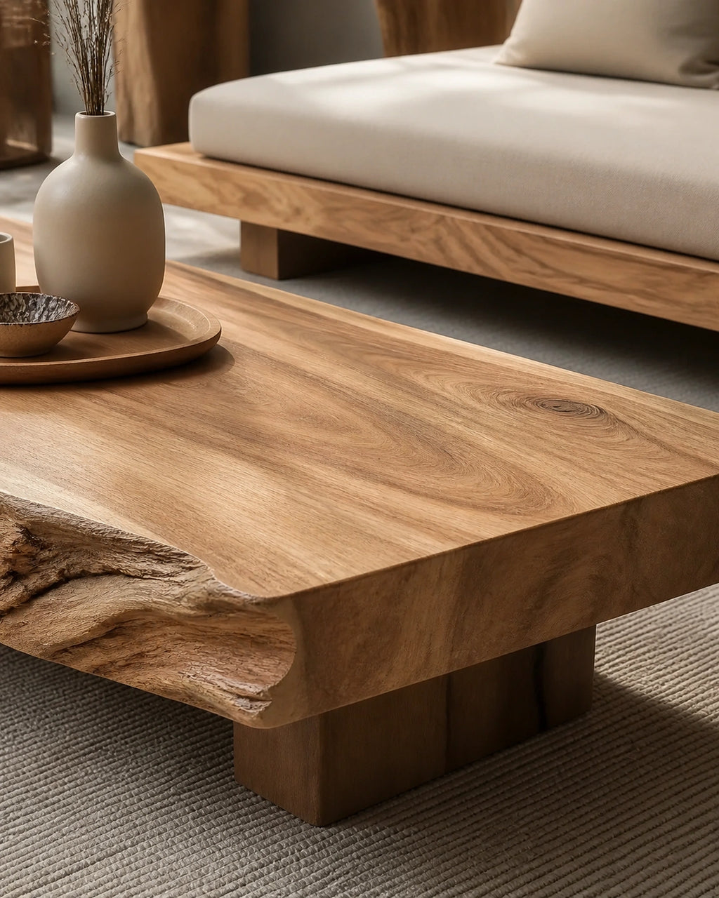 Mori solid-wood coffee table grain and live-edge detail