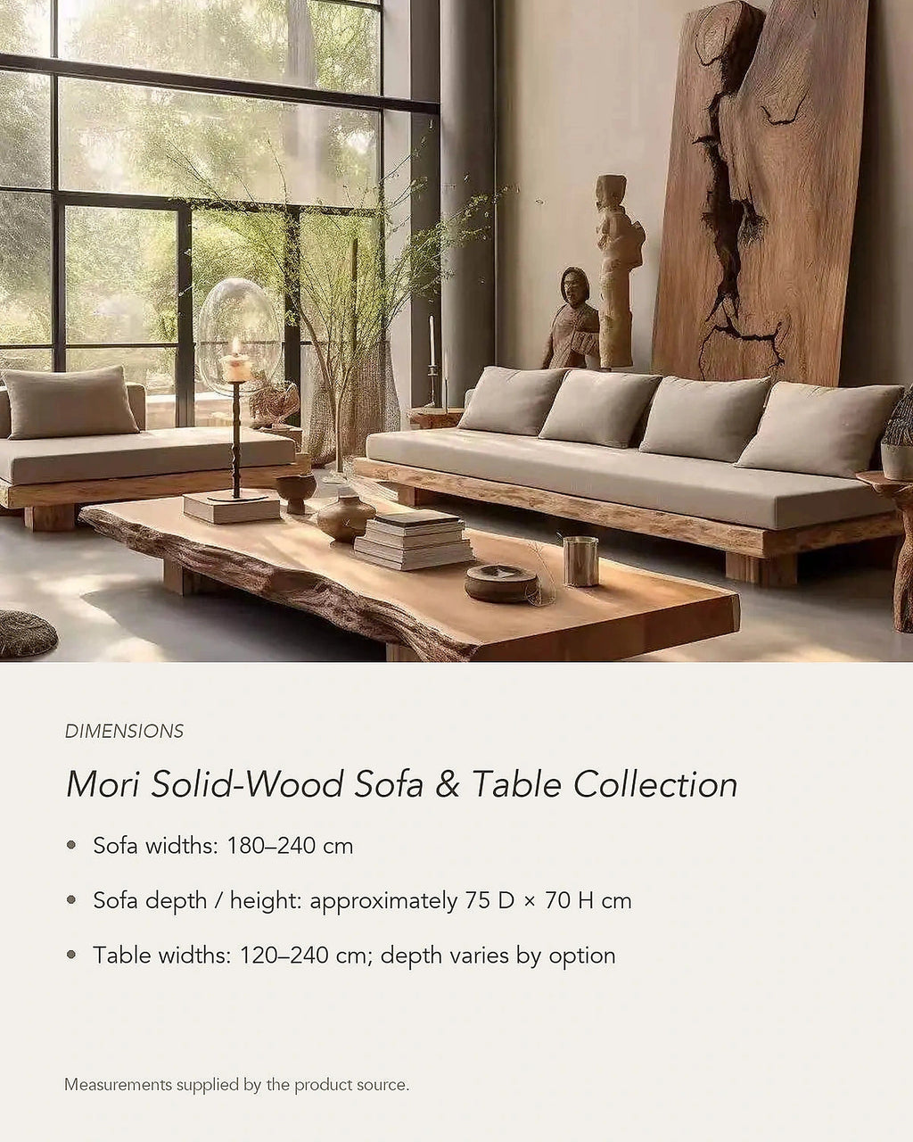 Mori Solid-Wood Sofa and Table Collection dimensions card