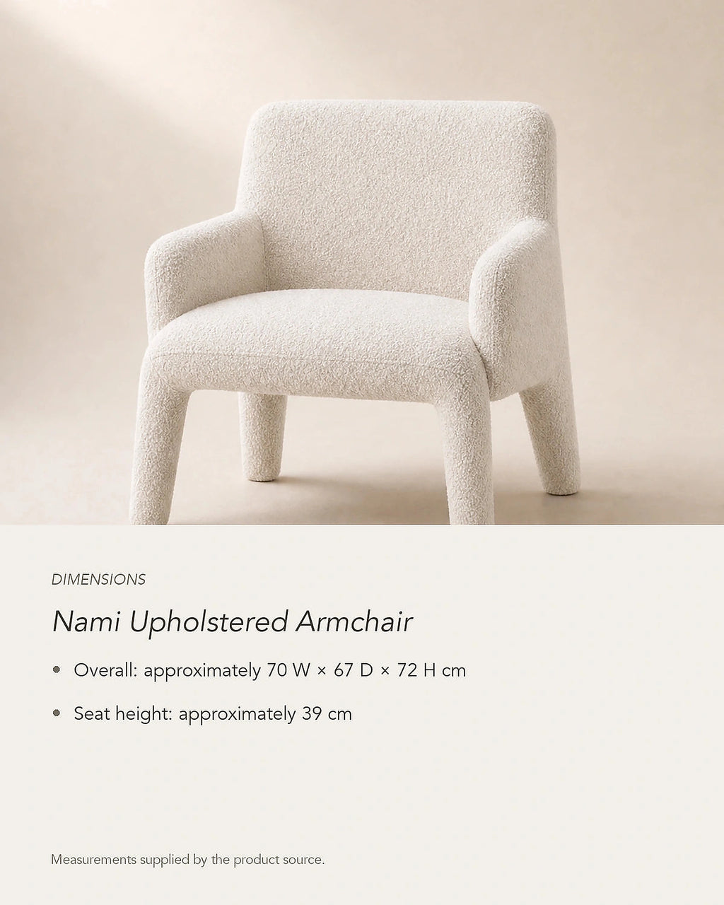 Nami Upholstered Armchair, dimensions in centimetres