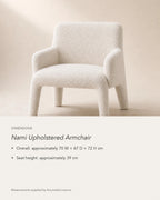 Nami Upholstered Armchair, dimensions in centimetres