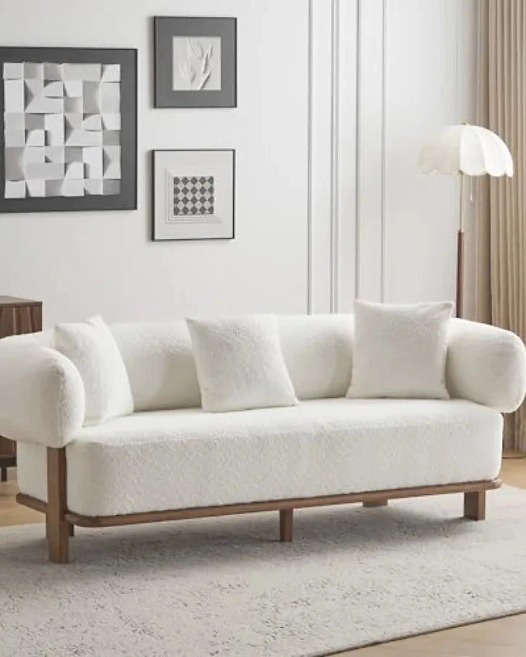 Yule Living Room Wooden 3-Seater Sofa, Boucle Fabric Upholstered Lounge Sofa Couch, Home Office/Bedroom Sofa Chair with Accent