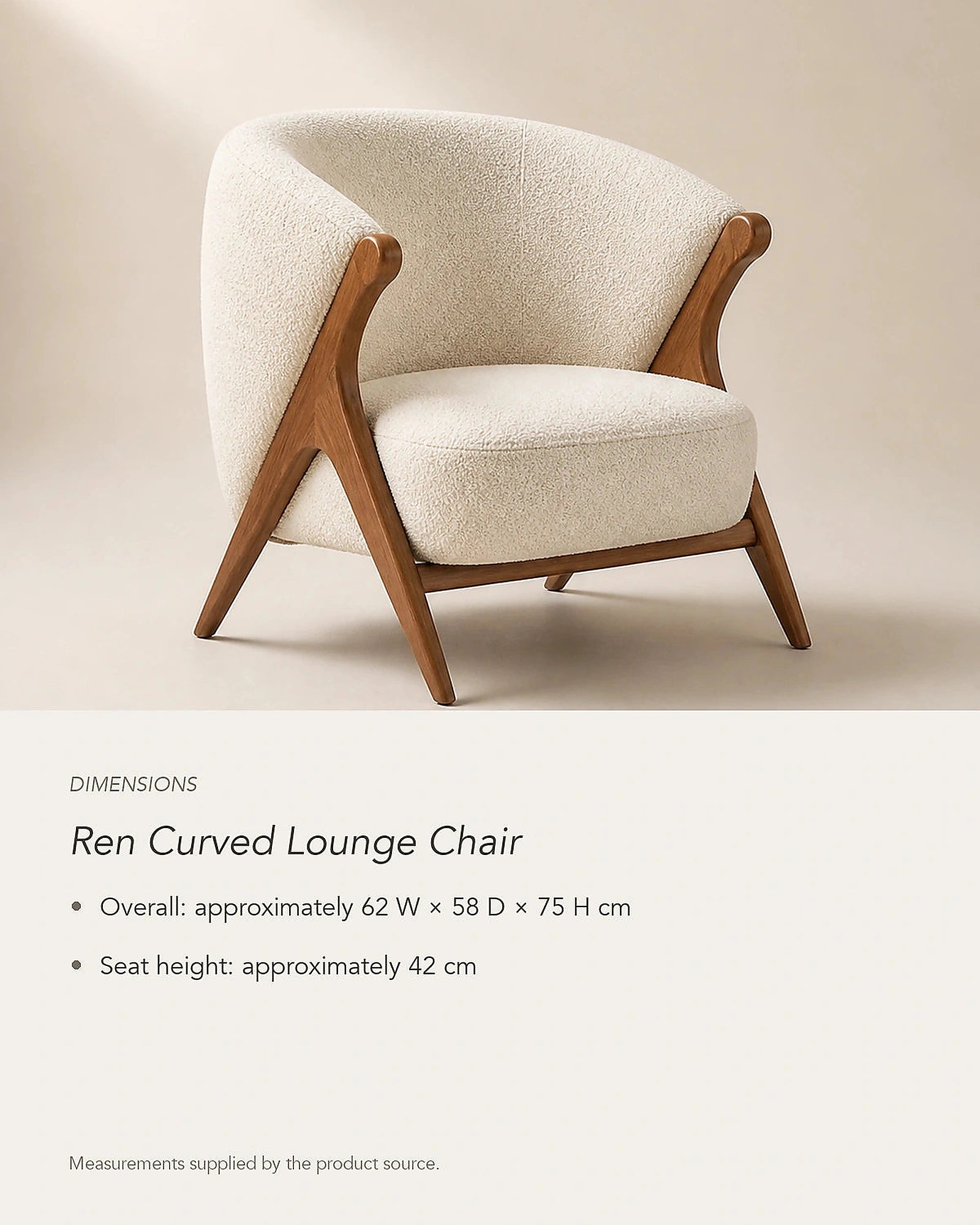 Ren Curved Lounge Chair, dimensions in centimetres