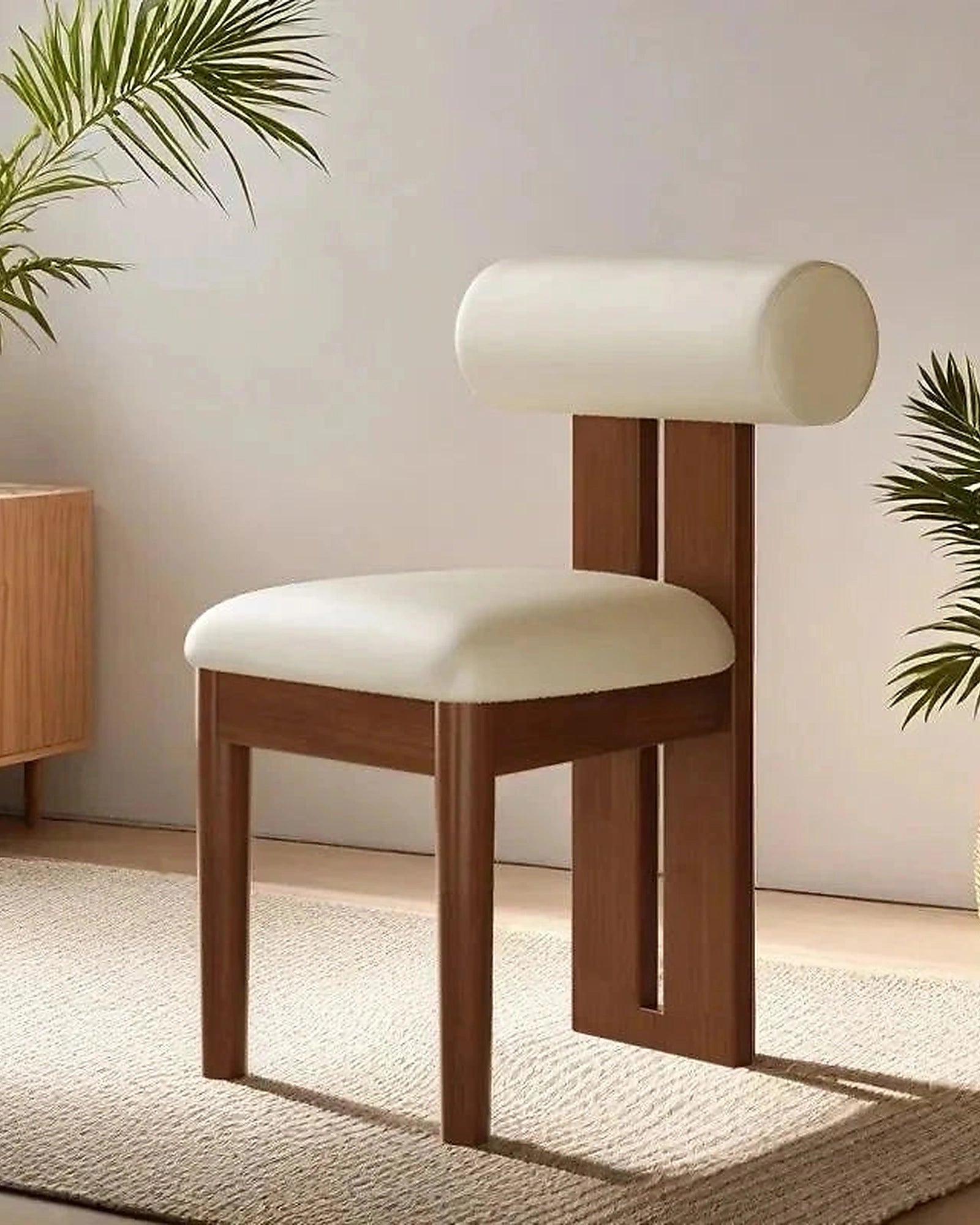 Riku Sculptural Dining Chair, walnut frame with cream upholstery