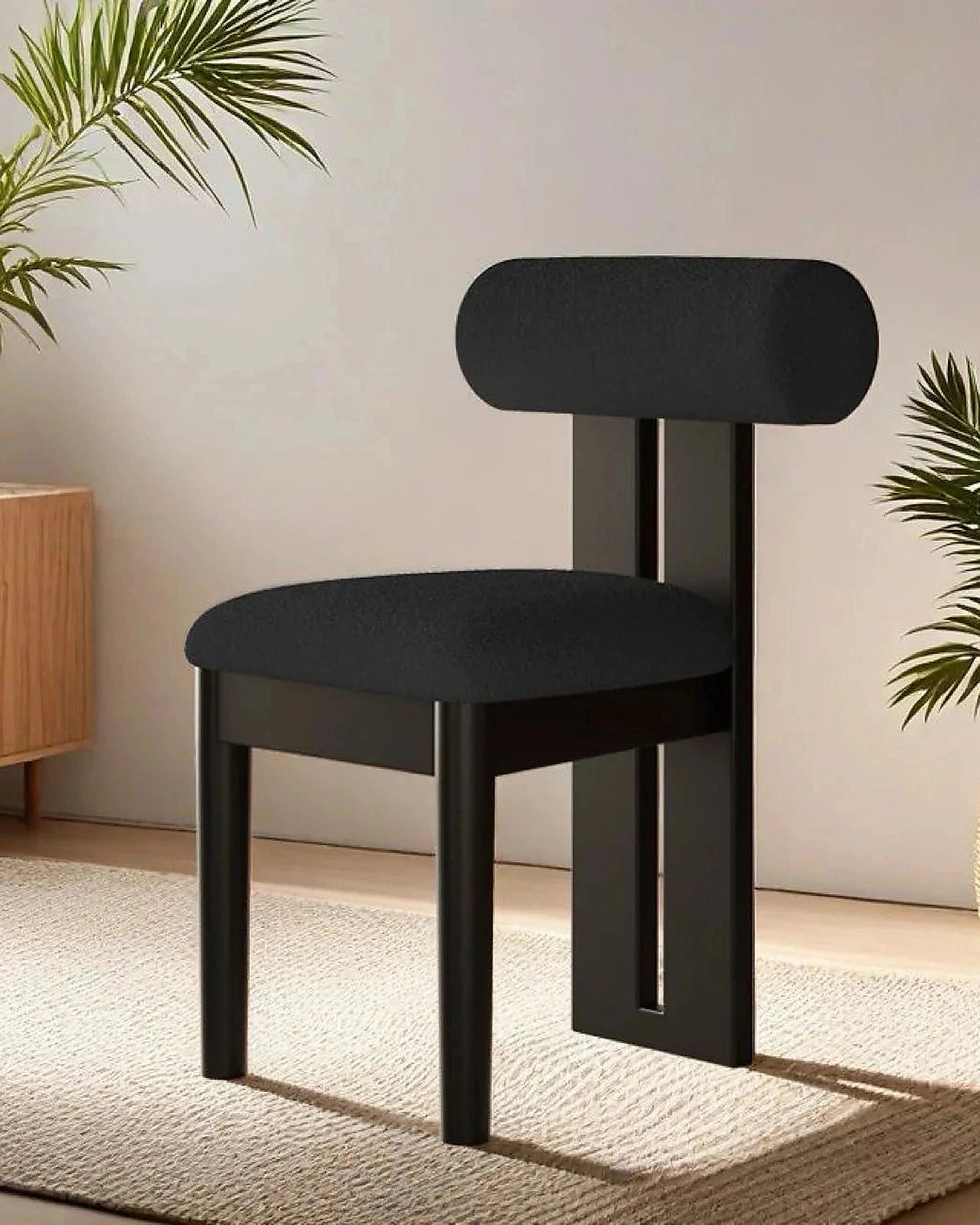 Riku Sculptural Dining Chair, black frame with dark upholstery