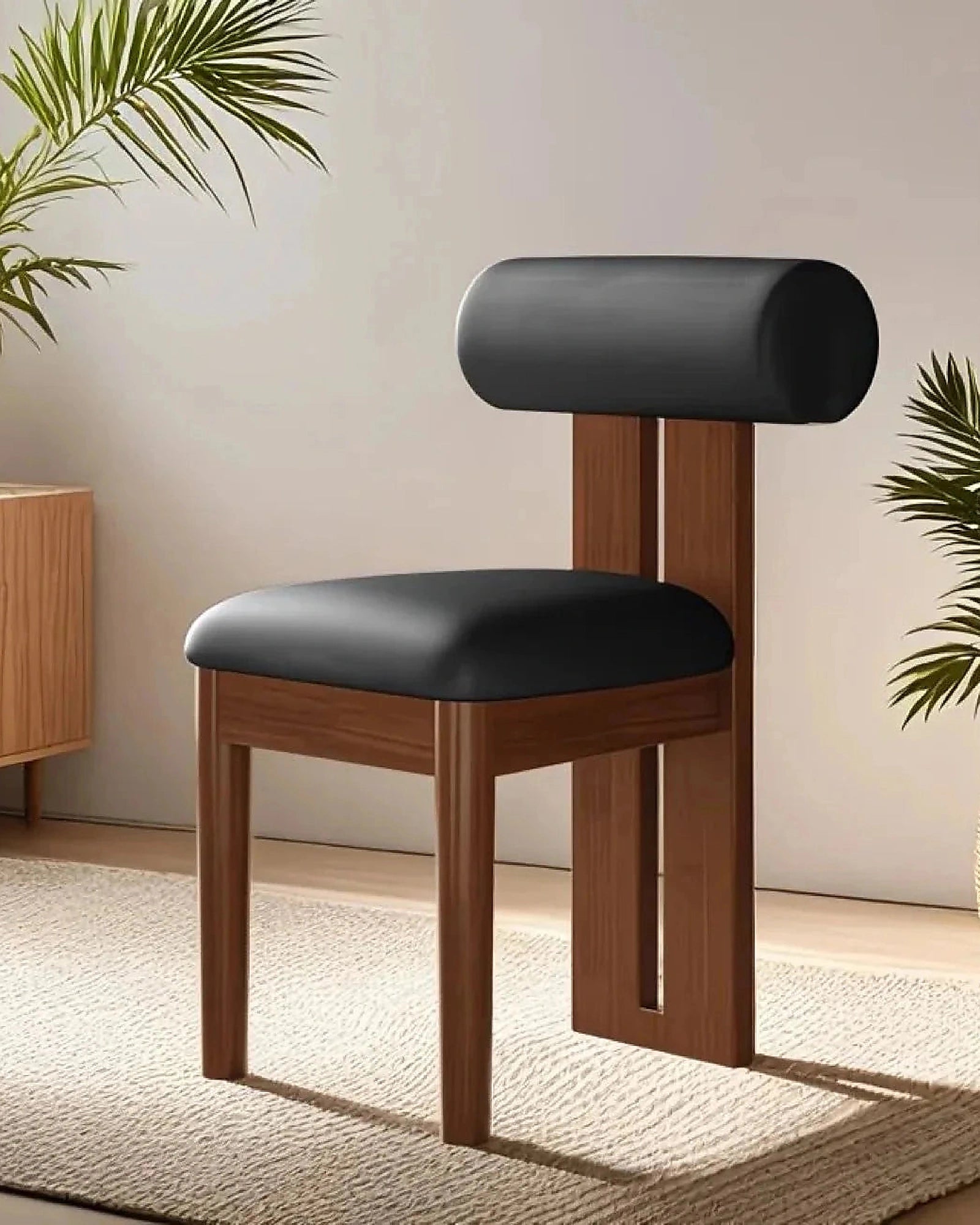Riku Sculptural Dining Chair, black frame with cream upholstery