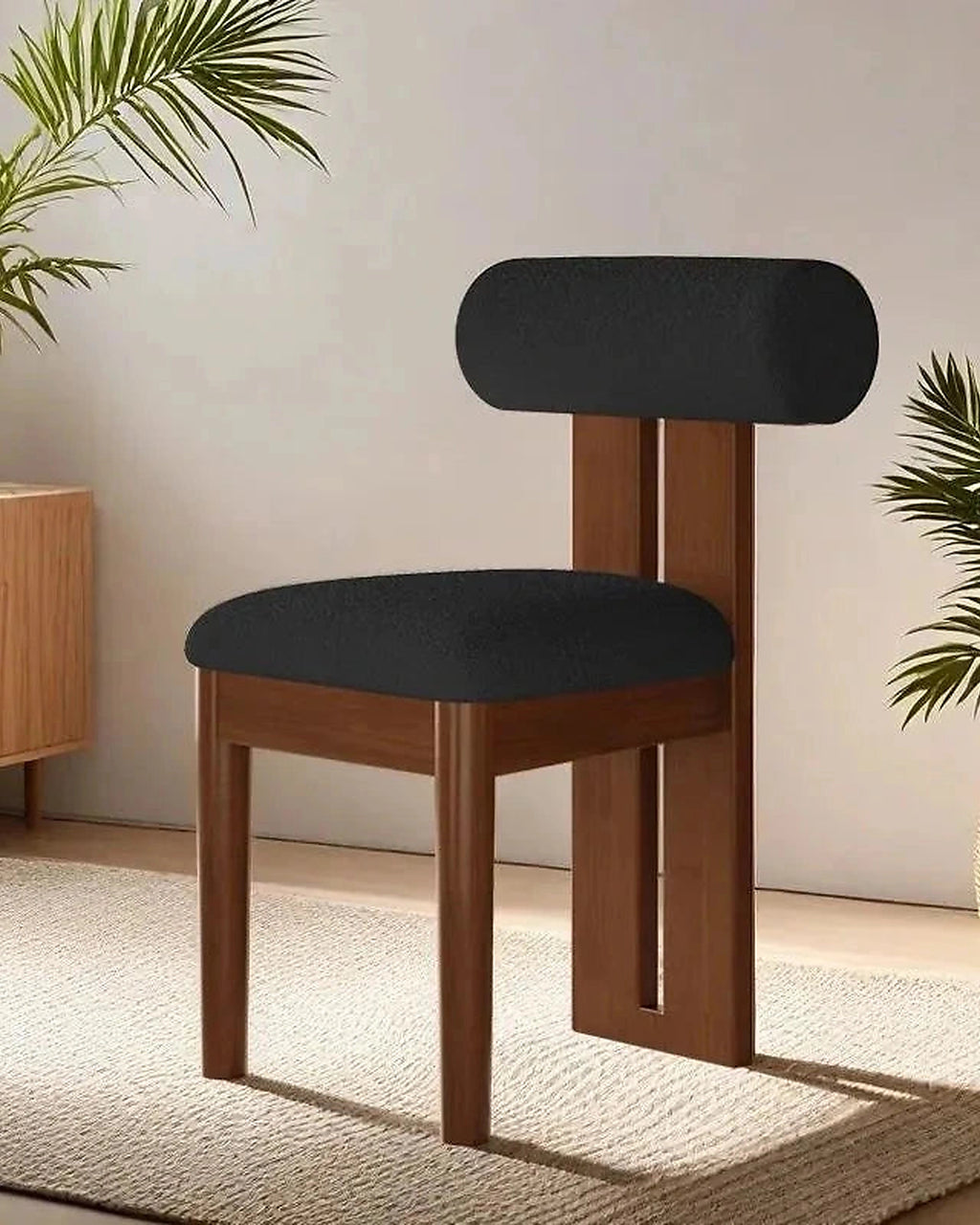 Riku Sculptural Dining Chair, walnut frame with black upholstery