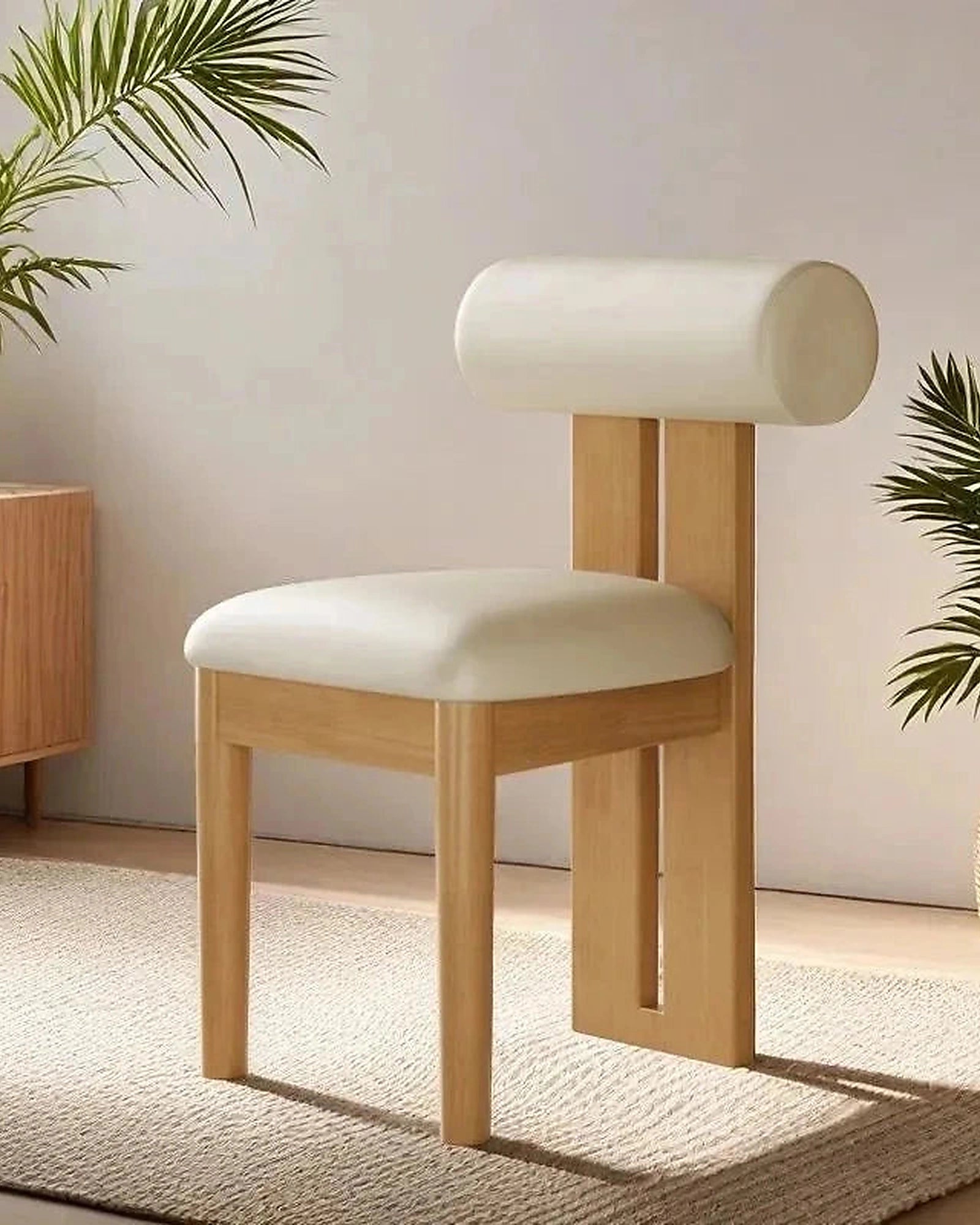 Riku Sculptural Dining Chair, light timber with cream upholstery