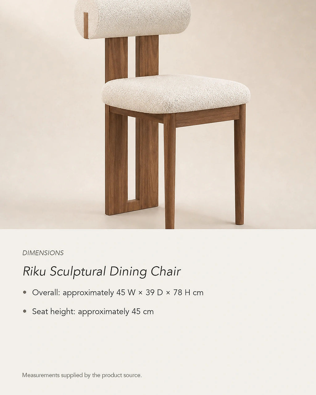 Riku Sculptural Dining Chair, dimensions in centimetres