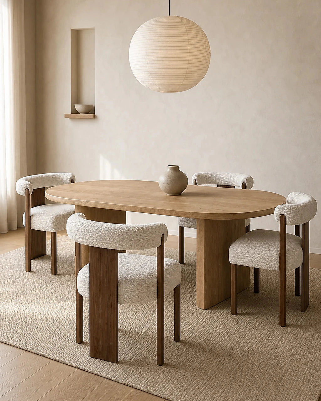 Four Sora chairs around a light oak dining table