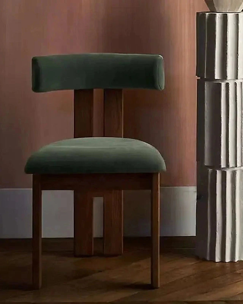 Tori Architectural Dining Chair, green upholstery, front view