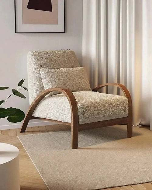 Yori Curved Wood Lounge Chair, beige chair in a bright interior