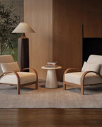 Yori Curved Wood Lounge Chair, pair of beige chairs