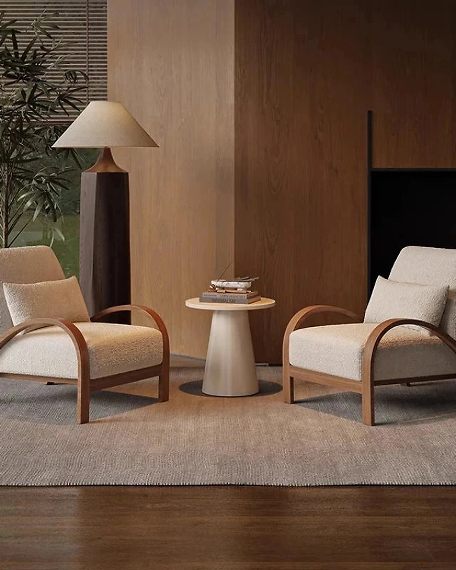 Yori Curved Wood Lounge Chair, pair of beige chairs