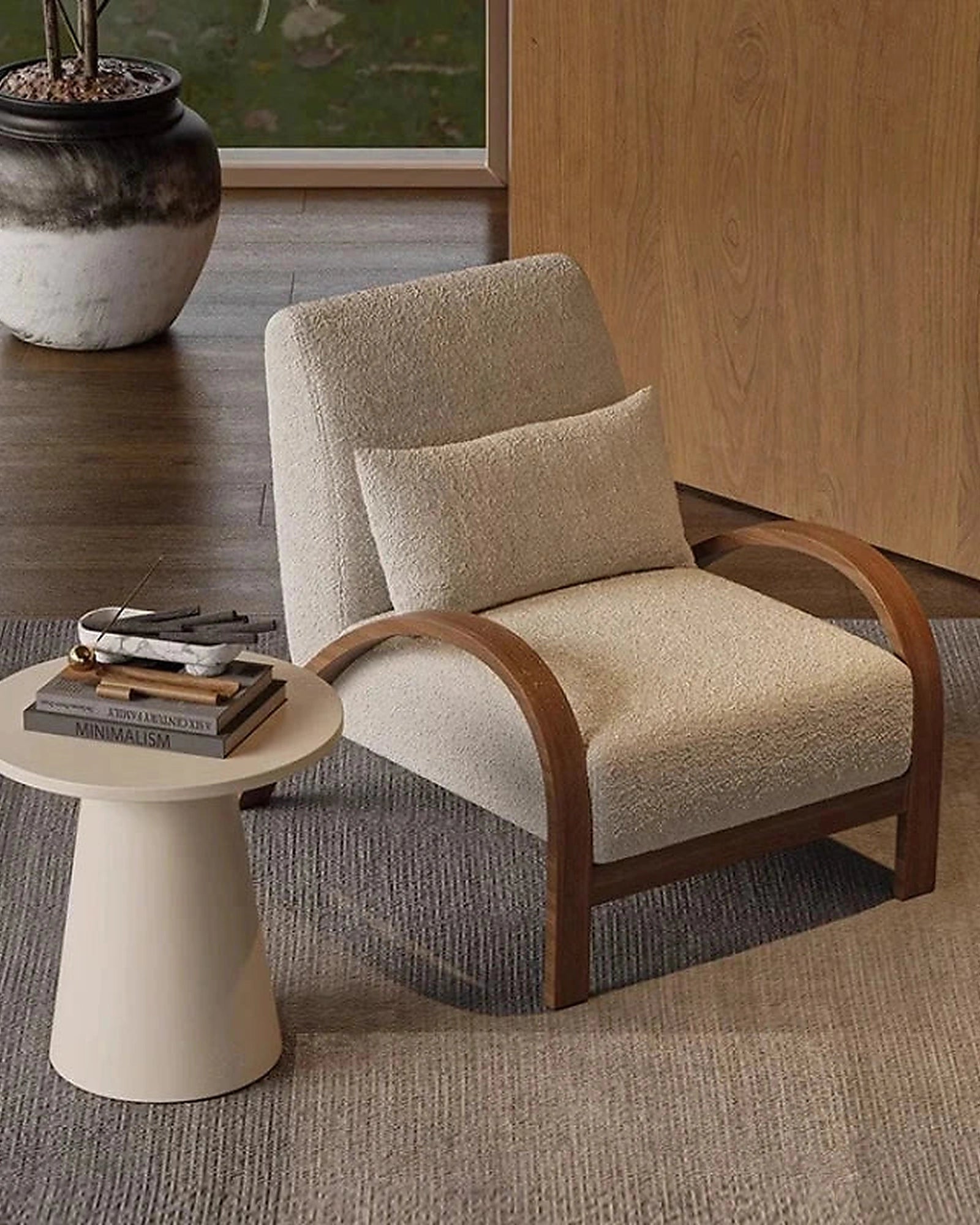 Yori Curved Wood Lounge Chair, overhead three-quarter view