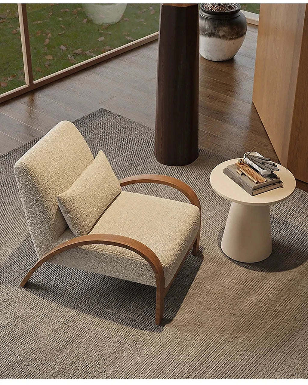 Yori Curved Wood Lounge Chair, beige upholstery and curved frame