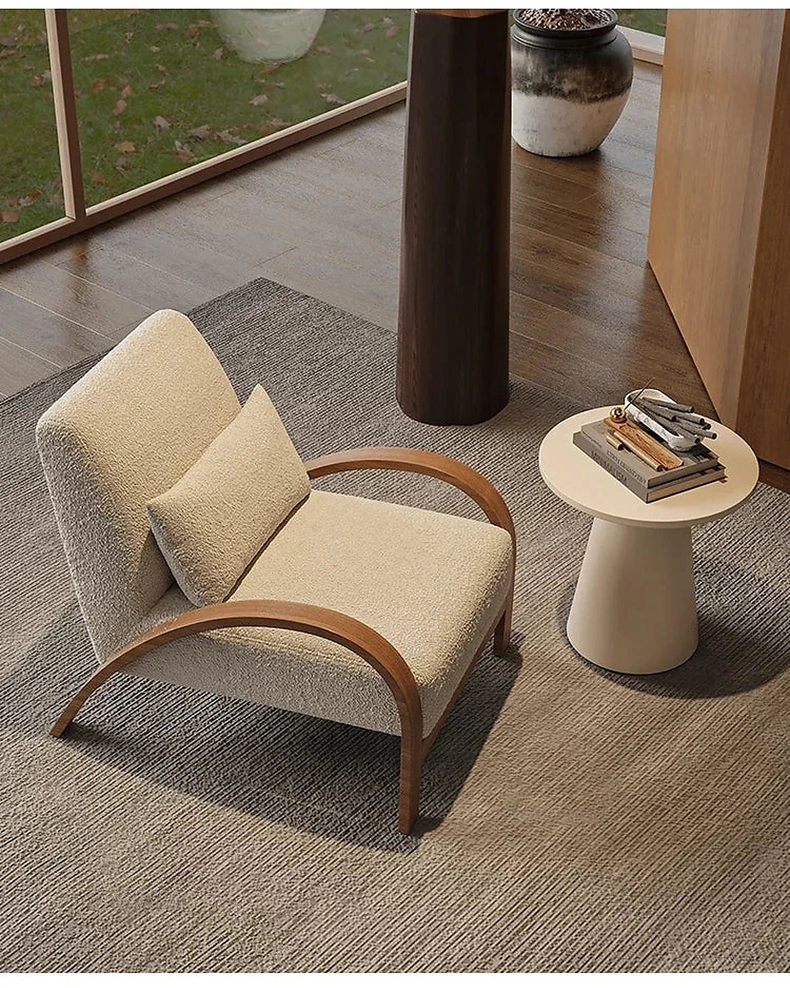 Yori Curved Wood Lounge Chair, beige upholstery and curved frame