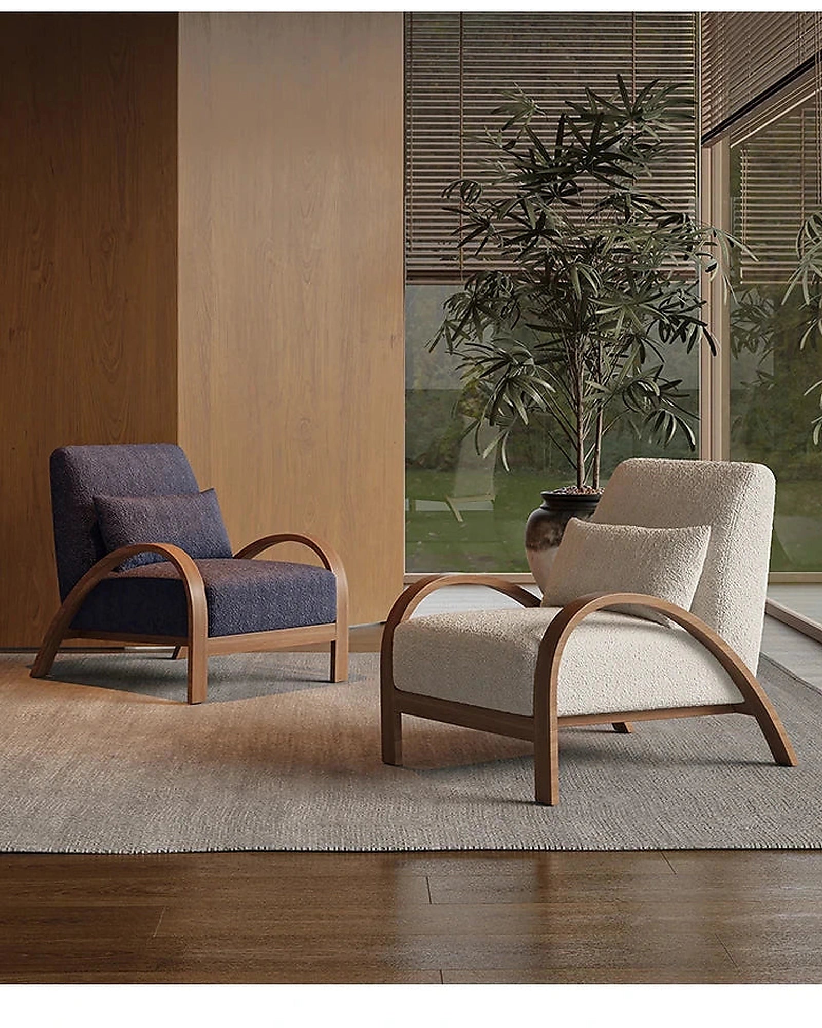 Yori Curved Wood Lounge Chair, beige and blue-black chairs