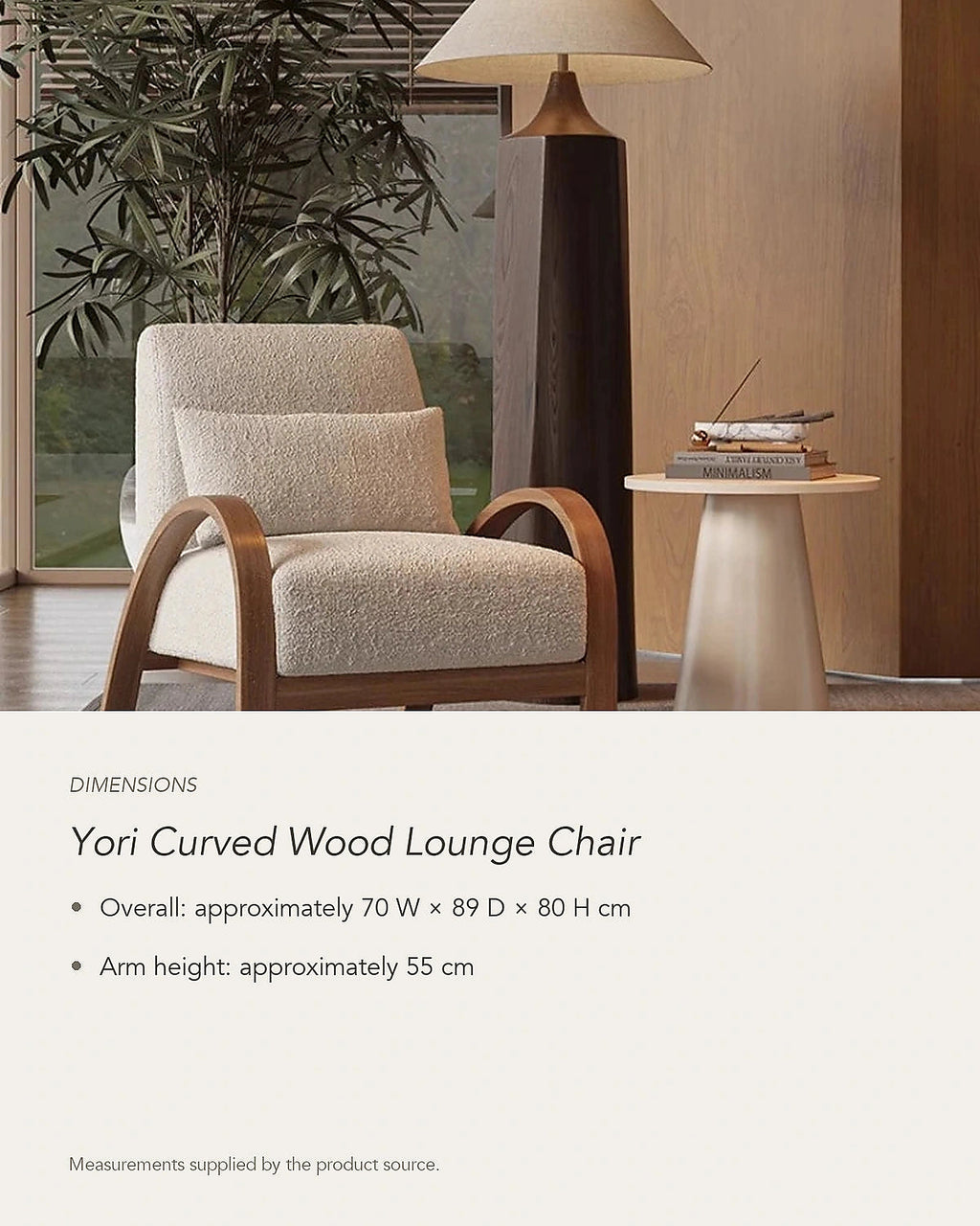 Yori Curved Wood Lounge Chair, dimensions in centimetres