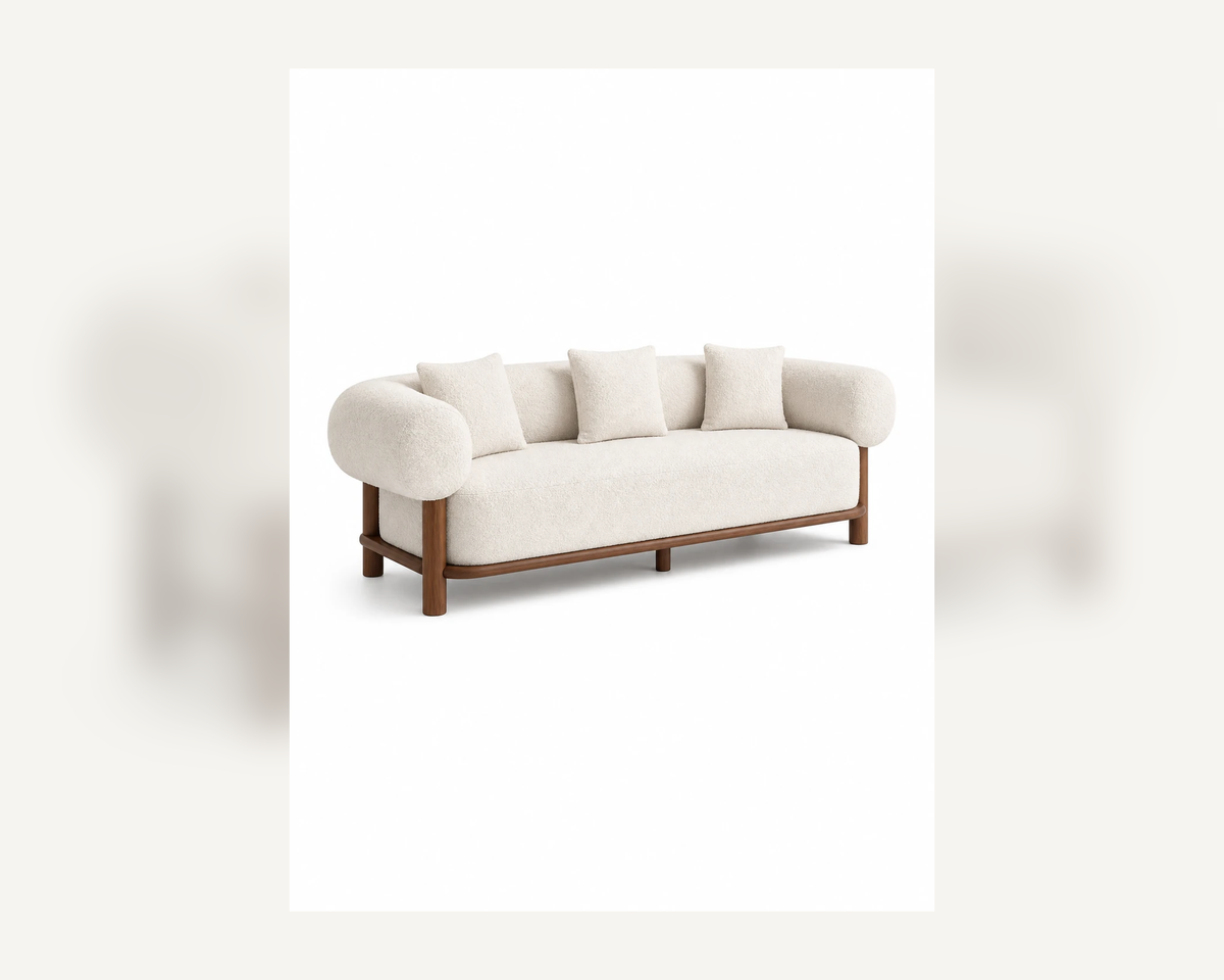 Noma Bouclé Three-Seat Sofa, clean three-quarter view