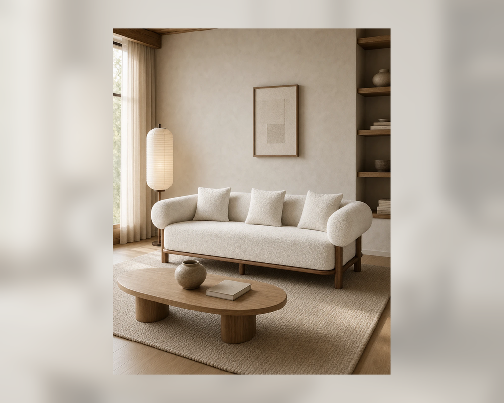 Noma Bouclé Three-Seat Sofa, styled living-room view